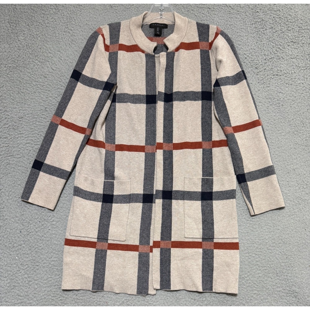 Tahari Plaid Open front Cardigan Sweater Coat Womens Small long sleeve
